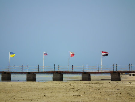 Flags of different countries on the pier