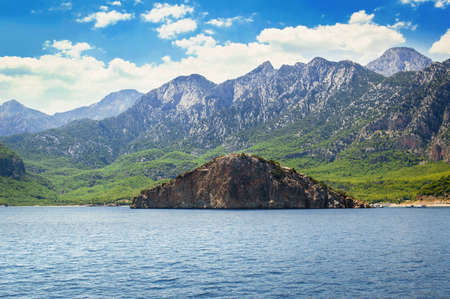 Landscape with the Dalyan island in Turkey. Mouse Island in the Mediterranean Sea. Mountains on the coast of the sea.の写真素材