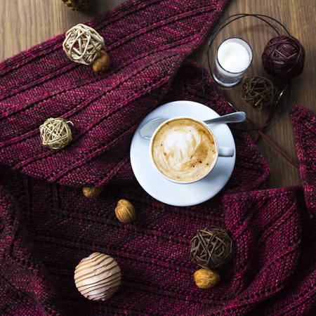 Handmade gift for special day as mother day, father day, valentine day or wintertime, heap of ball of wool to knit colorful scarf for cold day, knitting to make meaningful presentの写真素材