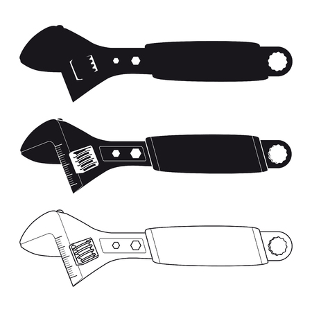 Hand tool adjustable wrench black and white vector Illustration performed in lines and silhouette styleのイラスト素材
