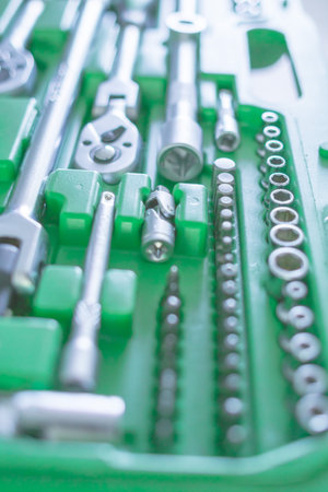 Universal tool set for car repair. Hand tools background. Close-up. Pastel colours.