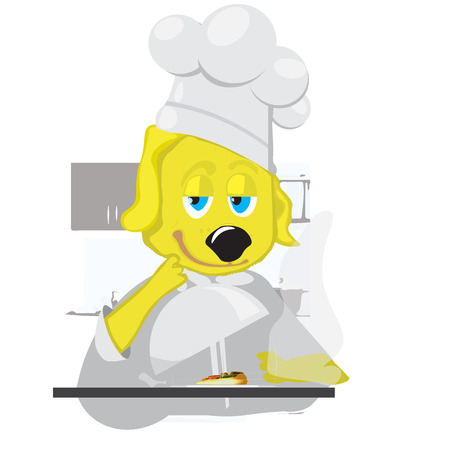 Yellow dog and he is absorbed in the cook's suit.のイラスト素材