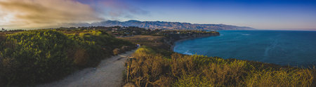 Colorful panoramic view of Southern California coast from Point Dume, Malibu during sunsetの写真素材