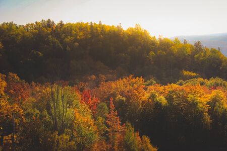 Colorful trees covering the mountains and rolling hills on a sunny day in autumn from the summit of Mont Tremblant, Quebec, Canadaの写真素材
