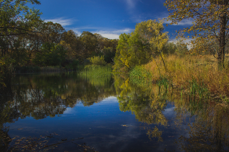 Stunning fall foliage surrounding a small lake with reflections of blue sky and trees, Oak Glen Preserve, Oak Glen, Californiaの写真素材