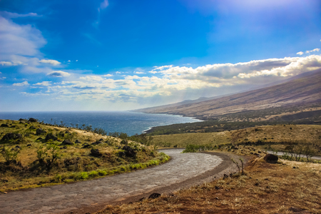 Breathtaking view of the coast from the winding Piilani Highway in Maui, Hawaiiの写真素材