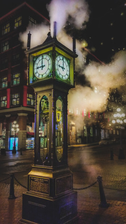 Historic steam clock in Vancouver's Gastown at nightの写真素材