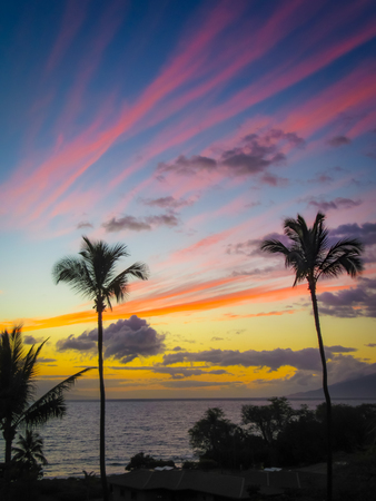 Beautiful sunset with dramatic clouds near Makena Beach, Maui, Hawaiiの写真素材