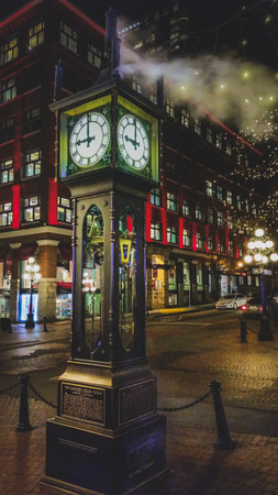 Historic steam clock in Vancouver's Gastown at nightの写真素材