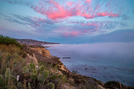 Experience the beauty of Rancho Palos Verdes as a marine layer blankets the coast, creating a mesmerizing cloudscape over rugged cliffs.の写真素材