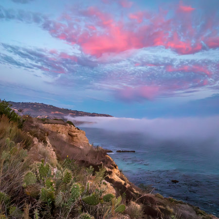 Experience the beauty of Rancho Palos Verdes as a marine layer blankets the coast, creating a mesmerizing cloudscape over rugged cliffs.の写真素材
