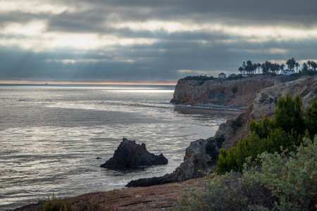 Gorgeous coastline view of Point Vicente and Pelican Cove at sunset with colorful clouds in the sky, Terranea Trail, Rancho Palos Verdes, Californiaの写真素材