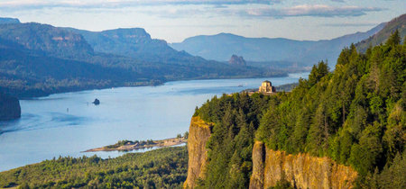 Breathtaking landscape of the Columbia River Gorge, featuring the stunning Vista House at Crown...