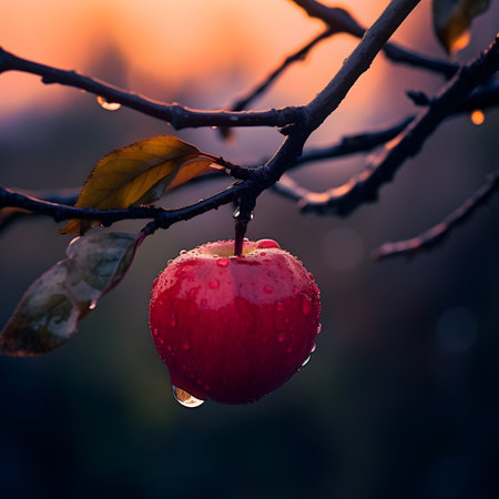 Apple, on a branch, after the rain, in the sun.の素材