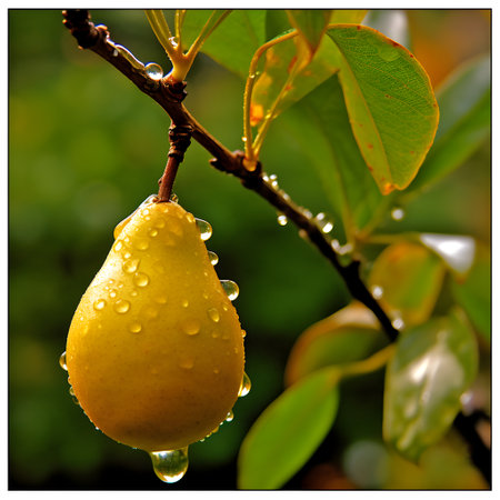 Yellow pear, on a branch, after the rain, in the sun.の素材