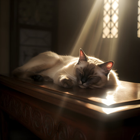 Siamese cat sleeping on the table in the sun.の素材