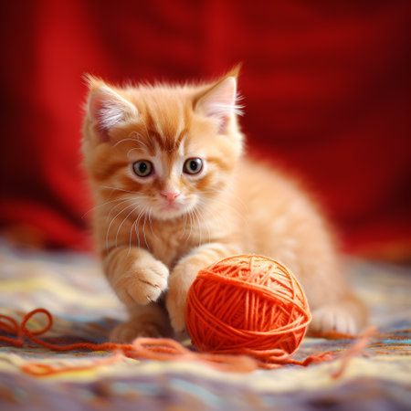 Red kitten playing with a ball of threads.の素材