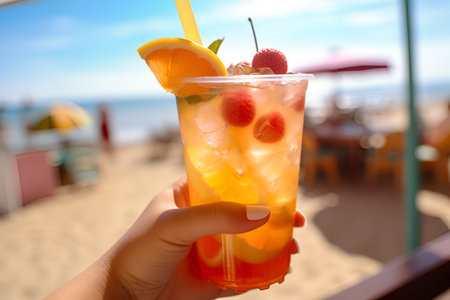 Glass with a cocktail in the hand of a girl on the beach. Generative AIの素材