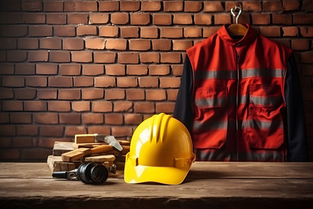 Yellow safety helmet, work uniform. labor day concept. AI generationの素材