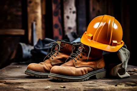 The concept of labor safety. Working yellow helmet and boots. Labor Day. AI generationの素材
