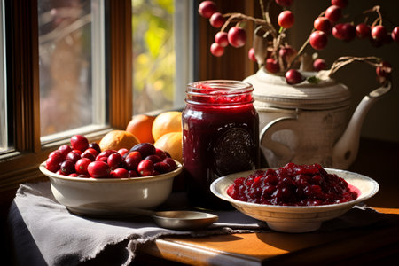 Cranberry sauce in a glass and scattered berries on a wooden table. Light from the window. Thanksgiving concept, AI generationの素材