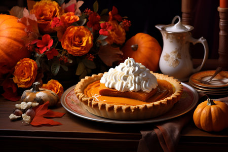 Traditional American pumpkin pie with cinnamon and mint. Thanksgiving concept. AI generationの素材