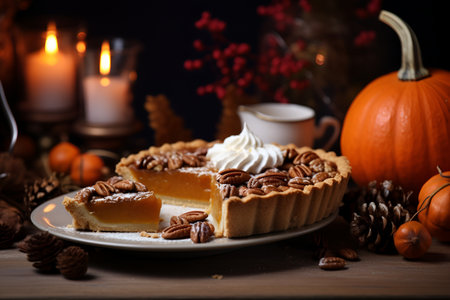 Traditional American pumpkin pie with cinnamon and mint. Thanksgiving concept. AI generationの素材