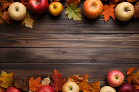 Ripe apples, fallen leaves, on a wooden background. Thanksgiving day concept, halloween. Place for text. AI generationの素材