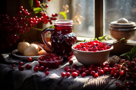 Cranberry sauce in a glass and scattered berries on a wooden table. Light from the window. Thanksgiving concept, AI generationの素材
