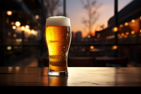 Beer glass on the bar counter. Beer glass on the bar. AI generationの素材
