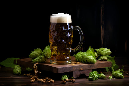 Light golden beer in a transparent mug. A sprig of hops on the table. Dark wooden background. AI generationの素材