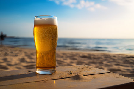 One glass of beer on the background of the sea and coastline. A glass of beer on a wooden table at a beach bar. relaxation concept. Place for text. AI generationの素材