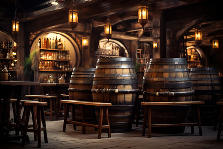Wooden beer barrels, in a bar. AI generationの素材
