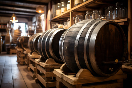 Wooden beer barrels, in a bar. AI generationの素材