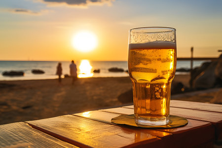 glass of light beer with froth and bubbles on the sea beach at sunsetの素材