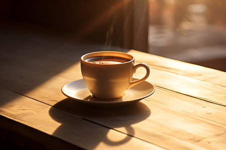 Black coffee, in a white cup, on the table, in the morning. AI generationの素材