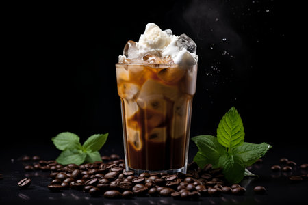Coffee with ice and milk, on a dark background. Frape. AI generationの素材