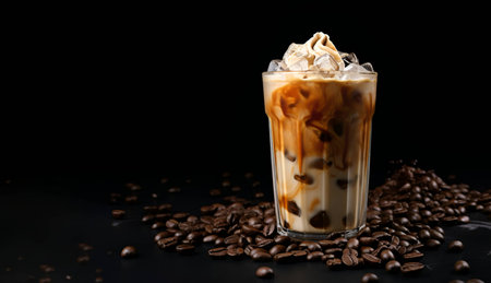 Coffee with ice and milk, on a dark background. Frape. AI generationの素材