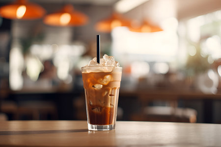 A tall glass of iced latte coffee with milk cream on a wooden counter bar over a cafe glass window reflex at a Cafe coffee shop. Cold brew refreshment summer drink with copy space Selective focus.の素材
