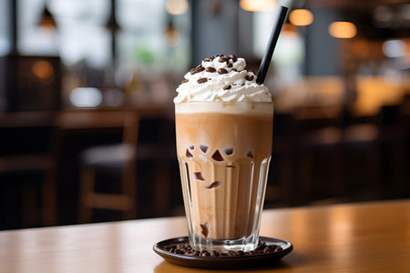 A tall glass of iced latte coffee with milk cream on a wooden counter bar over a cafe glass window reflex at a Cafe coffee shop. Cold brew refreshment summer drink with copy space Selective focus.の素材