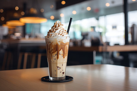 A tall glass of iced latte coffee with milk cream on a wooden counter bar over a cafe glass window reflex at a Cafe coffee shop. Cold brew refreshment summer drink with copy space Selective focus.の素材