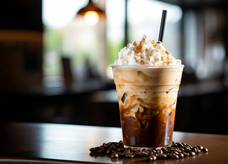 A tall glass of iced latte coffee with milk cream on a wooden counter bar over a cafe glass window reflex at a Cafe coffee shop. Cold brew refreshment summer drink with copy space Selective focus.の素材