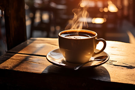 Black coffee, in a white cup, on the table, in the morning. AI generationの素材