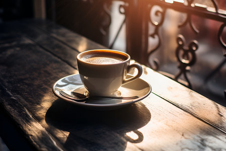 Black coffee, in a white cup, on the table, in the morning. AI generationの素材