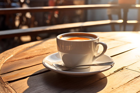 Black coffee, in a white cup, on the table, in the morning. AI generationの素材