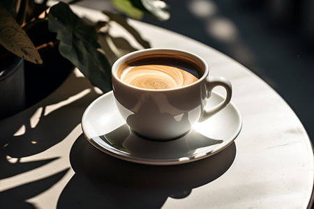 Black coffee, in a white cup, on the table, in the morning. AI generationの素材