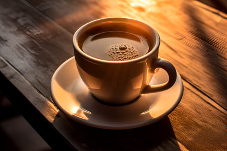 Black coffee, in a white cup, on the table, in the morning. AI generationの素材