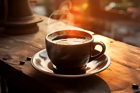 Black coffee, in a white cup, on the table, in the morning. AI generationの素材