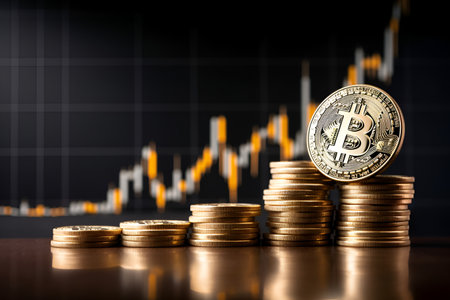 Bitcoin coins on a black background. Cryptocurrency bitcoin. Blockchain technology. Close up. AI generationの素材