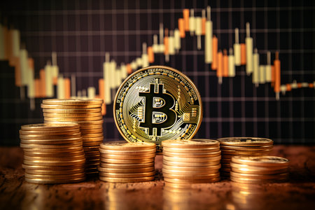 Bitcoin coins on a black background. Cryptocurrency bitcoin. Blockchain technology. Close up. AI generationの素材